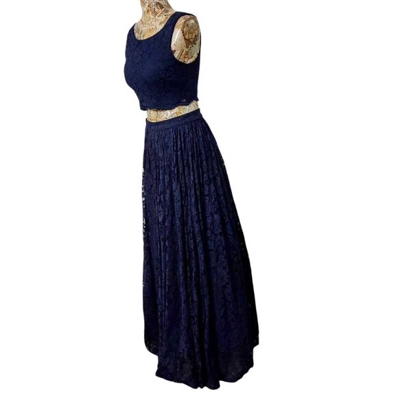 Formal Dark Blue Lace 2 Piece Crop Top Full Maxi Skirt Gown Long Dress Designer - Picture 10 of 15